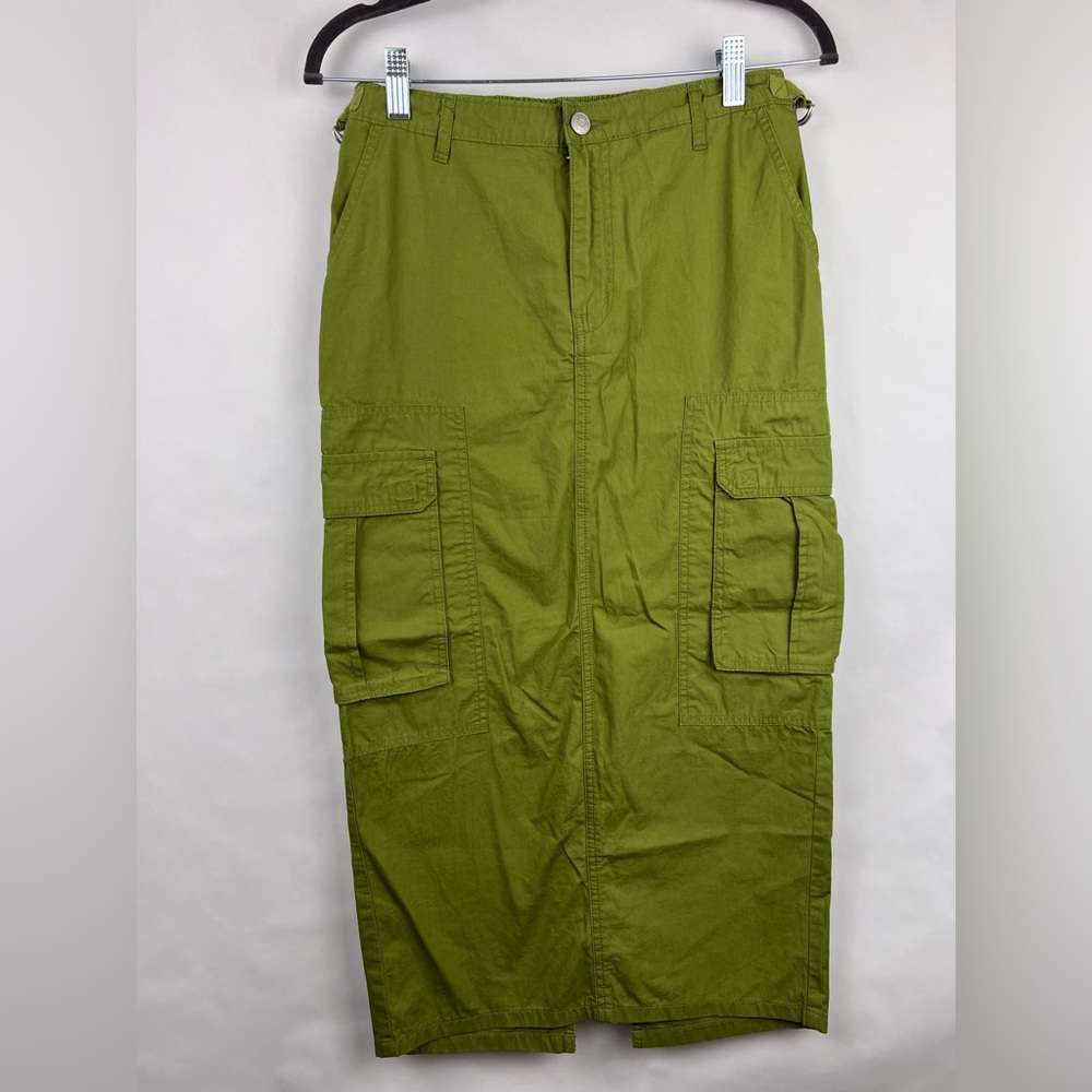 Wild Fable Olive Green Cotton Utility Cargo Skirt XXS Long Midi Pockets D-Ring - Picture 2 of 11